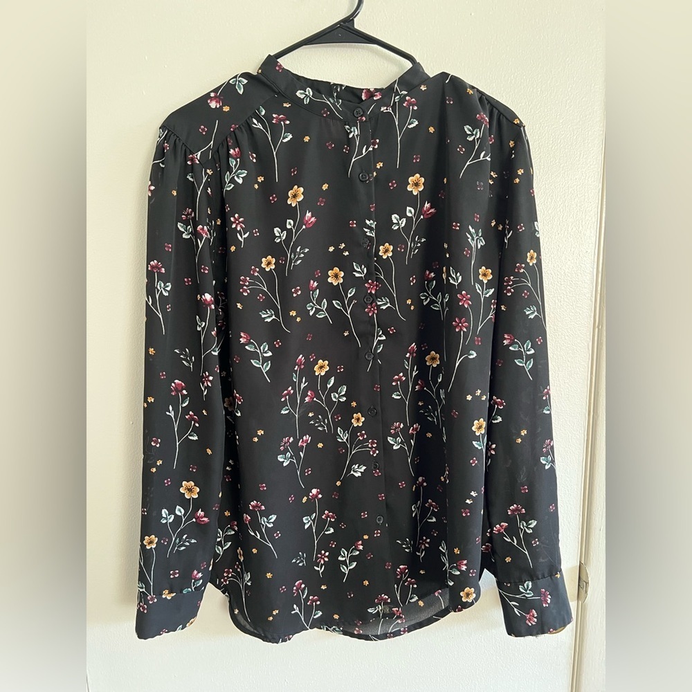 Faded Glory Boxy Long Sleeve Mandarin Collar Floral Blouse, size L